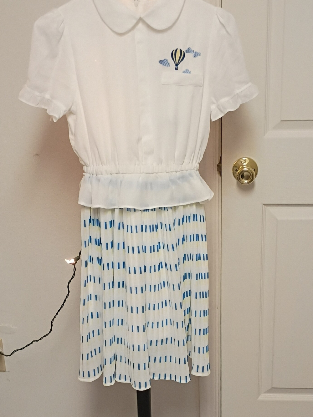 White Midi Dress with Blue Hot Air Balloon Accent